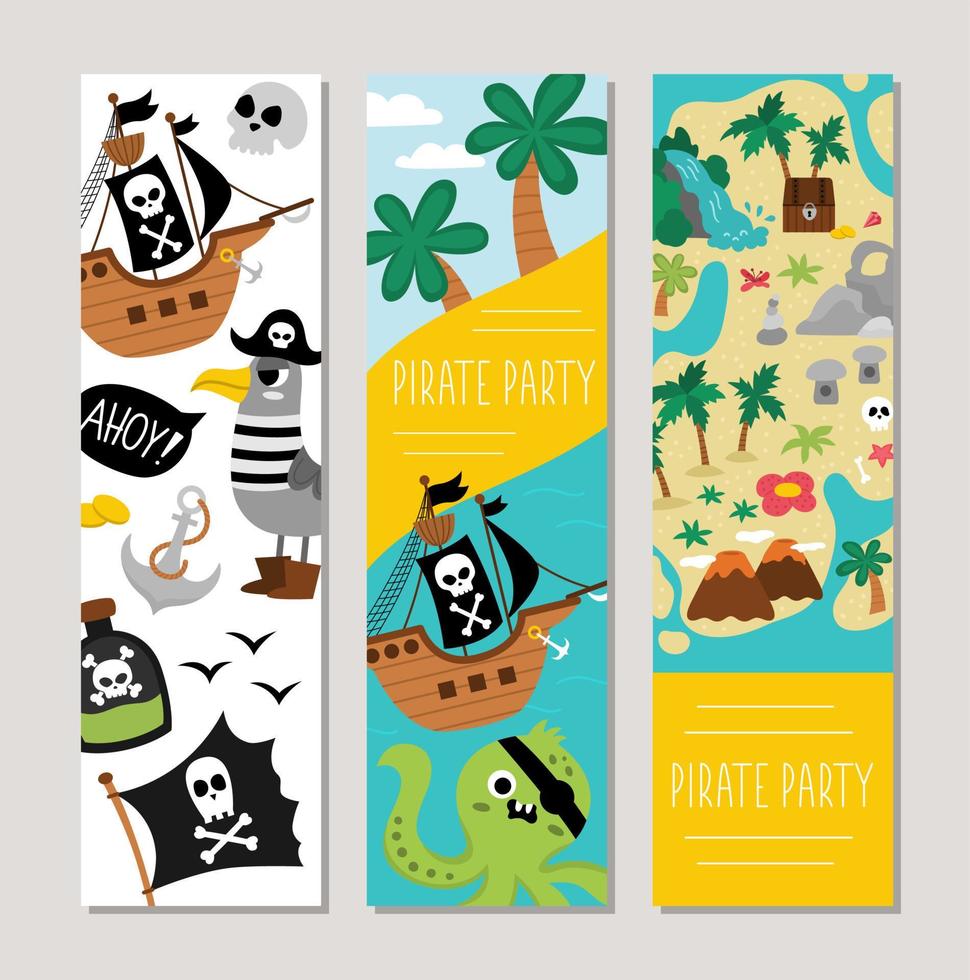 Cute pirate vertical cards set with ship, captain, chest, map, palm trees, octopus, seagull. Vector treasure island vertical print templates. Marine party bookmarks designs