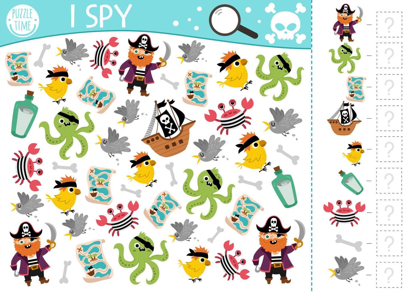 Pirate I spy game for kids. Searching and counting activity with pirates, animals, birds. Treasure island hunt printable worksheet for preschool children. Simple sea adventure spotting puzzle vector