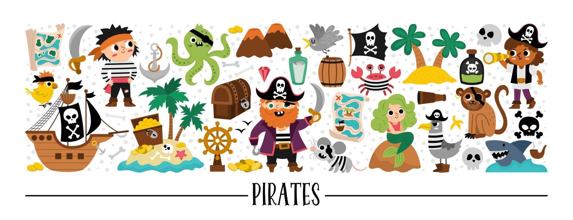 vector pirata horizontal conjunto con marineros y animales mar aventuras tarjeta modelo o tesoro isla diseño para pancartas, invitaciones linda ilustración con barco, pulpo, sirena, Gaviota