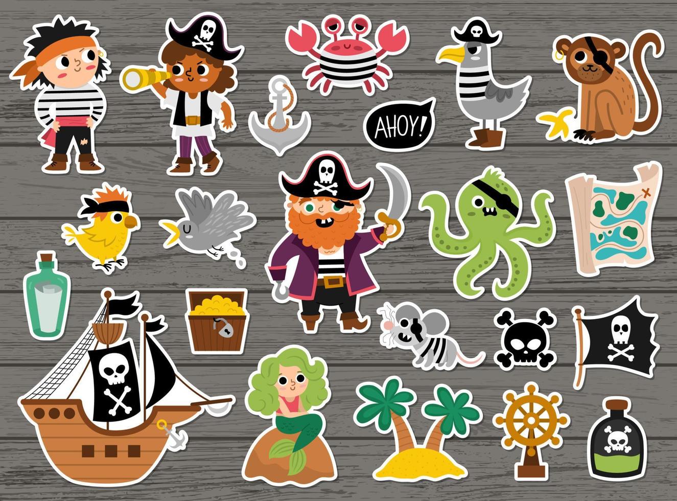 Vector pirate stickers set. Cute sea adventures patches icons collection. Treasure island illustrations with ship, chest, map, parrot, monkey, map. Funny pirate party elements on wooden background