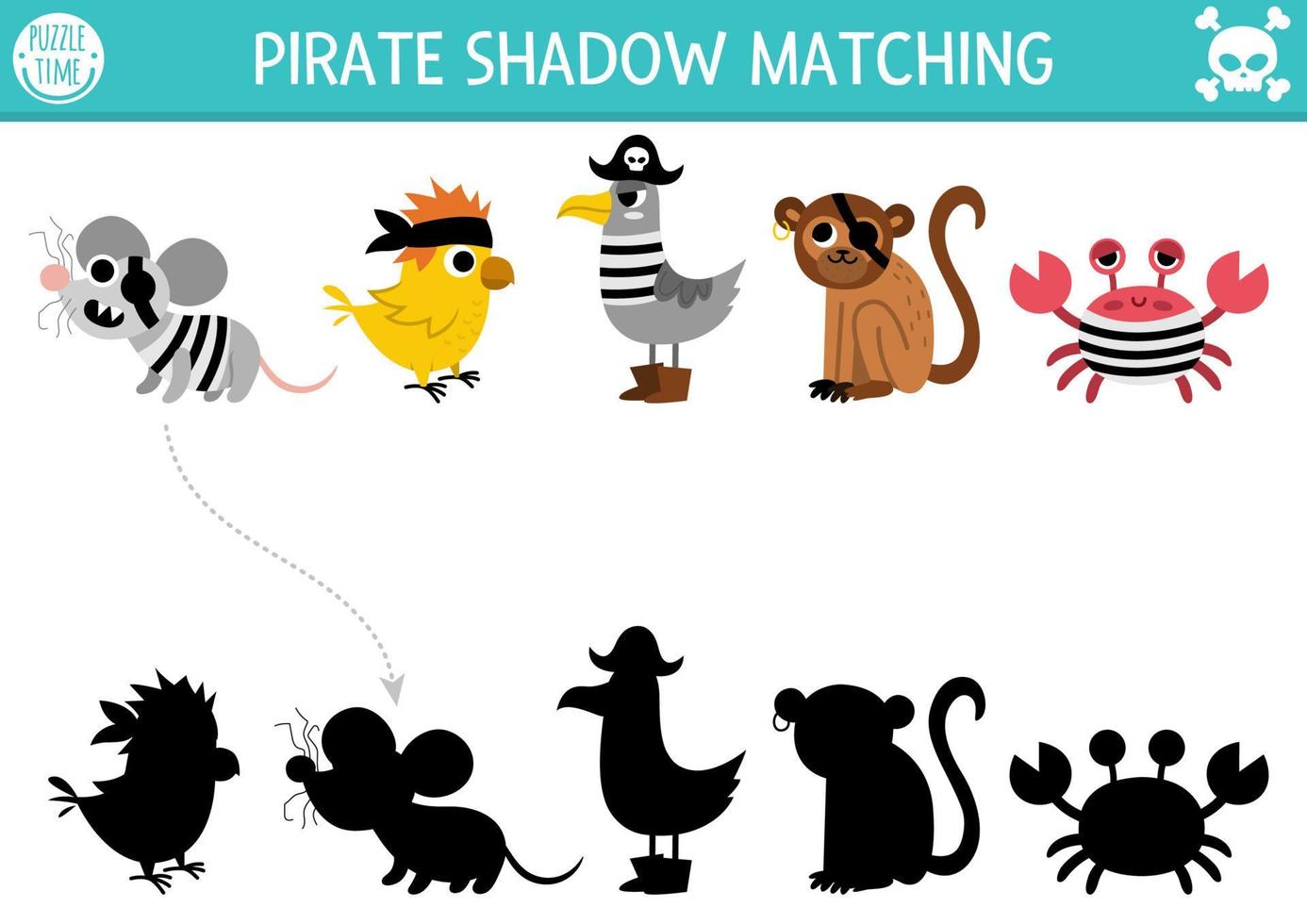 pirata sombra pareo actividad con animales tesoro isla cazar rompecabezas con linda rata, loro, Gaviota, mono, cangrejo. encontrar correcto silueta imprimible hoja de cálculo o juego. mar aventuras página vector