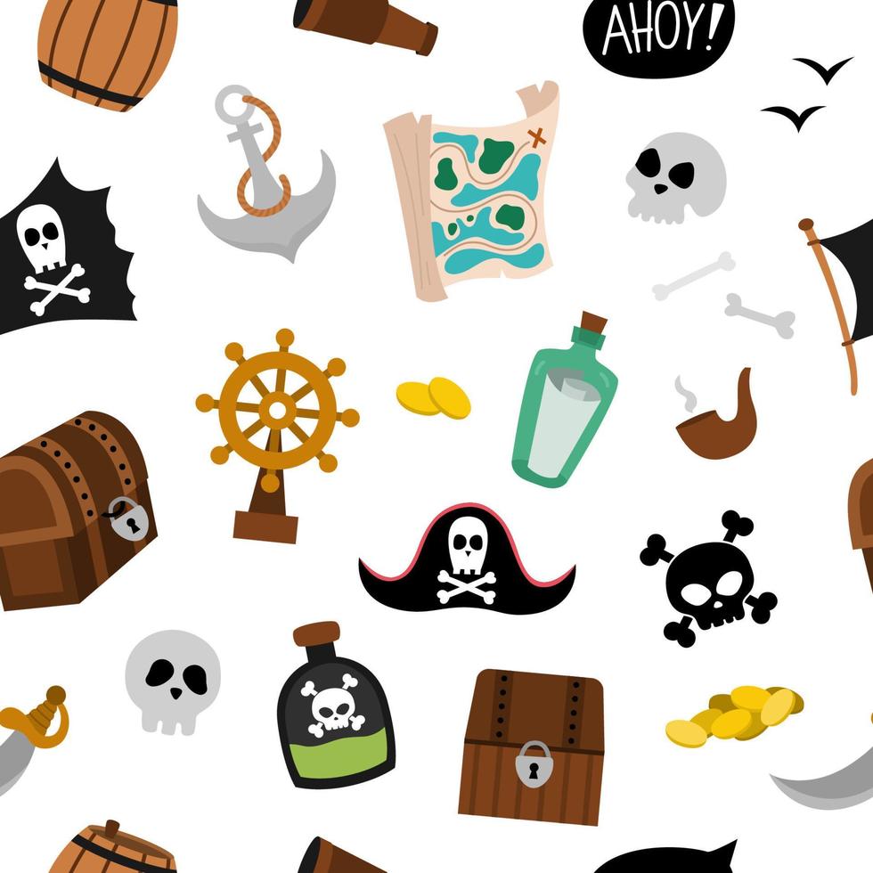 Vector pirate seamless pattern. Cute sea adventures symbols repeat background. Treasure island digital paper with treasure chest, map, bottle, anchor, pirate hat, crossbones. Funny pirate party