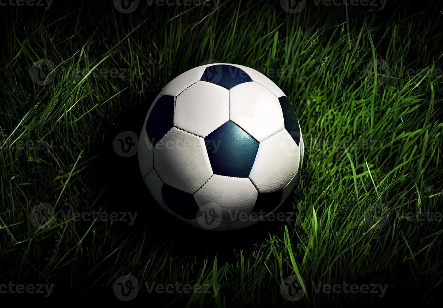 Classic soccer ball in a football stadium on a green lawn - image photo