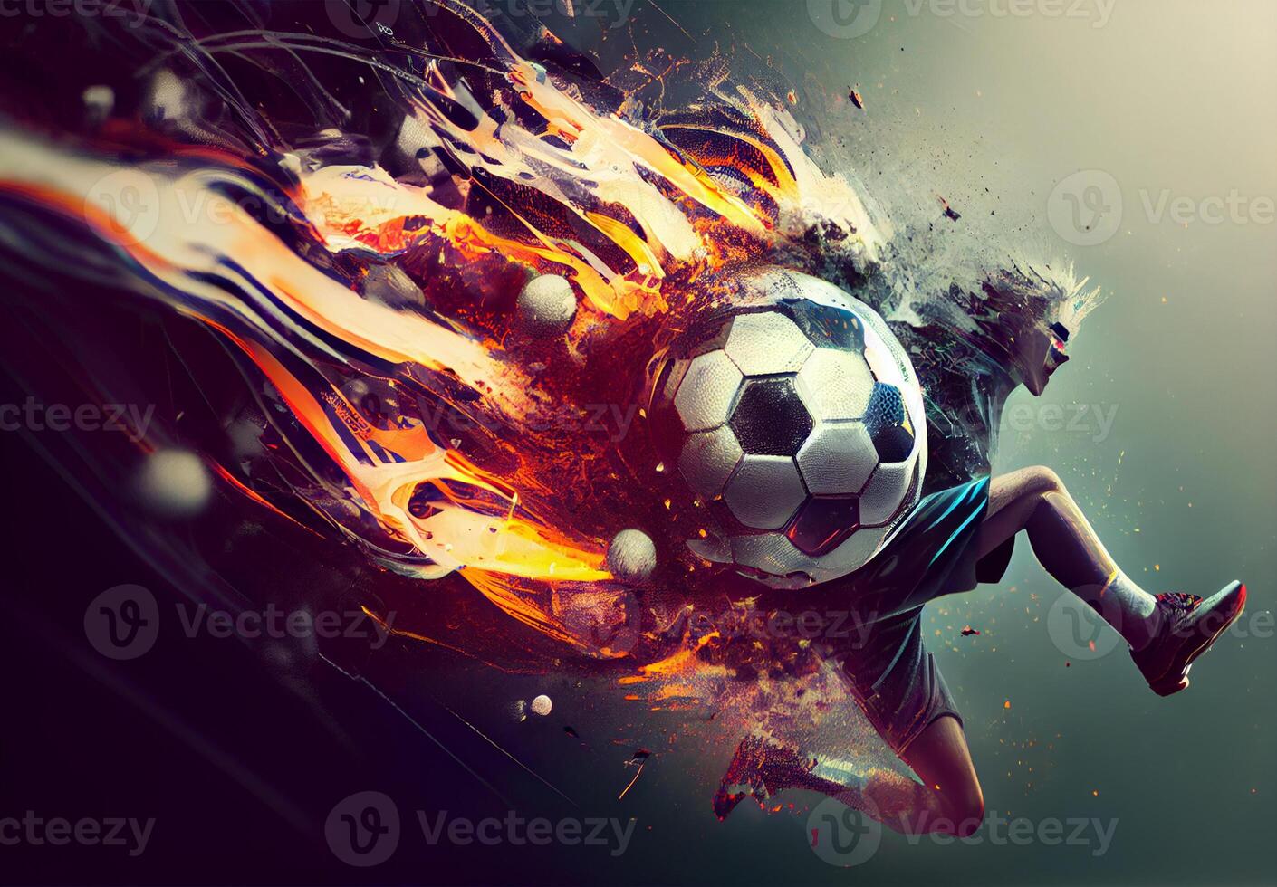 Abstract sports poster soccer player hitting the ball - image photo