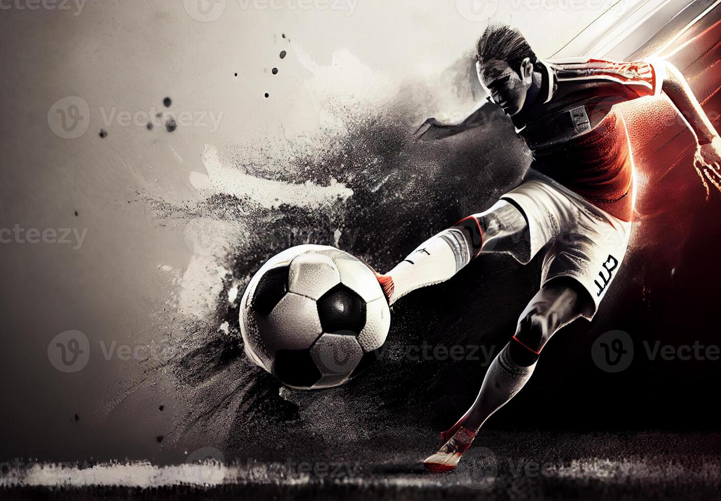 Abstract sports poster soccer player hitting the ball - image photo