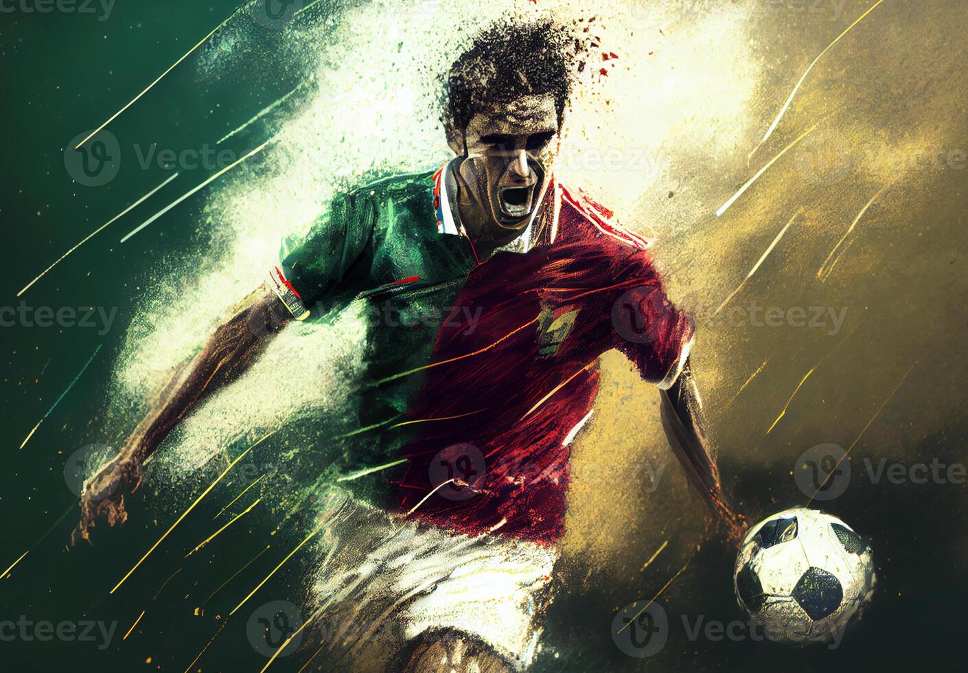 Abstract sports poster soccer player hitting the ball - image photo