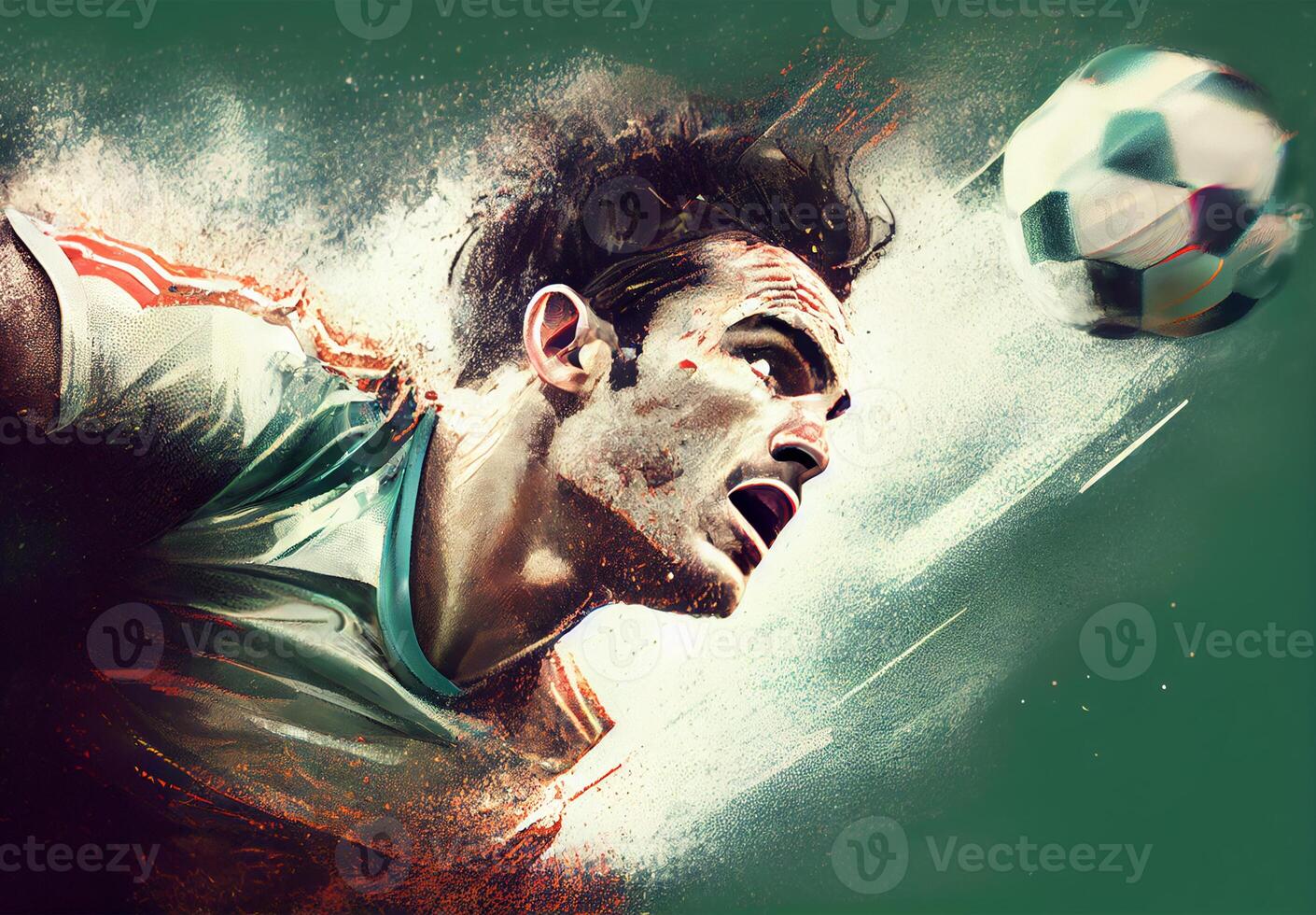 Abstract sports poster soccer player hitting the ball - image photo