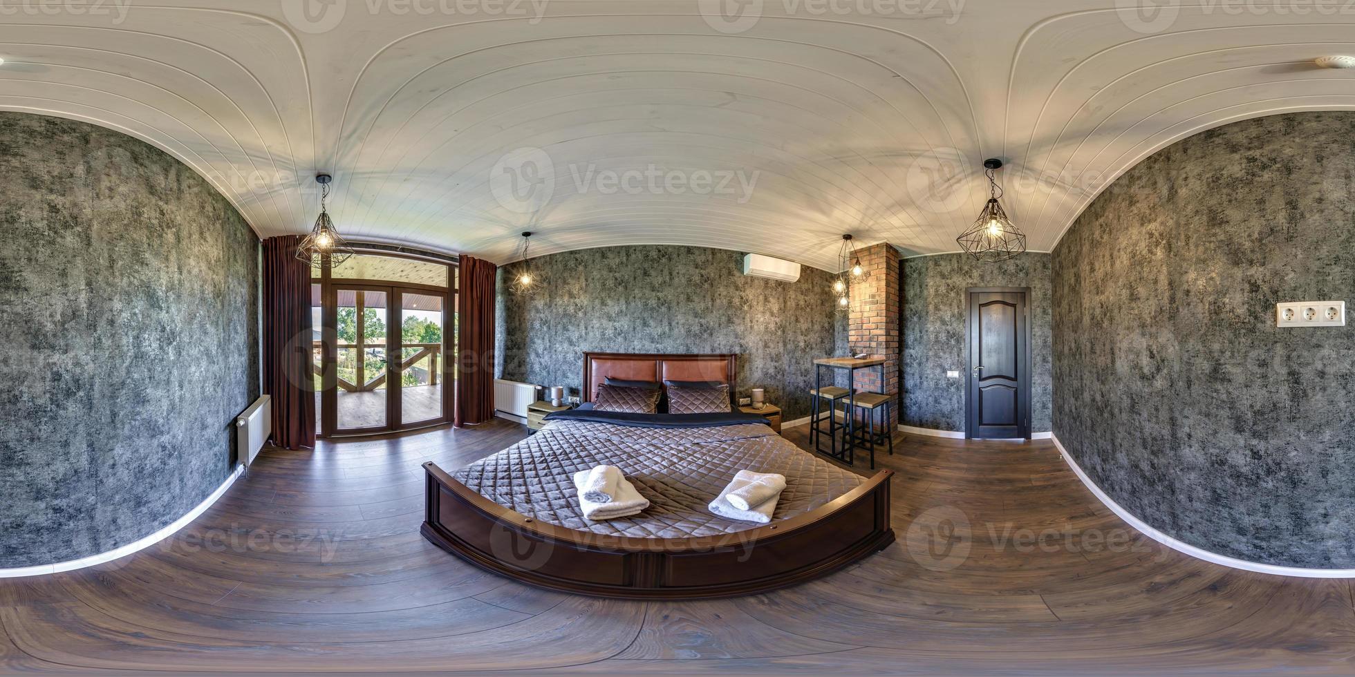 full seamless spherical hdri 360 panorama view in interior of modern bedroom in vip homestead or apaetments with panoramic windows in equirectangular projection. photo