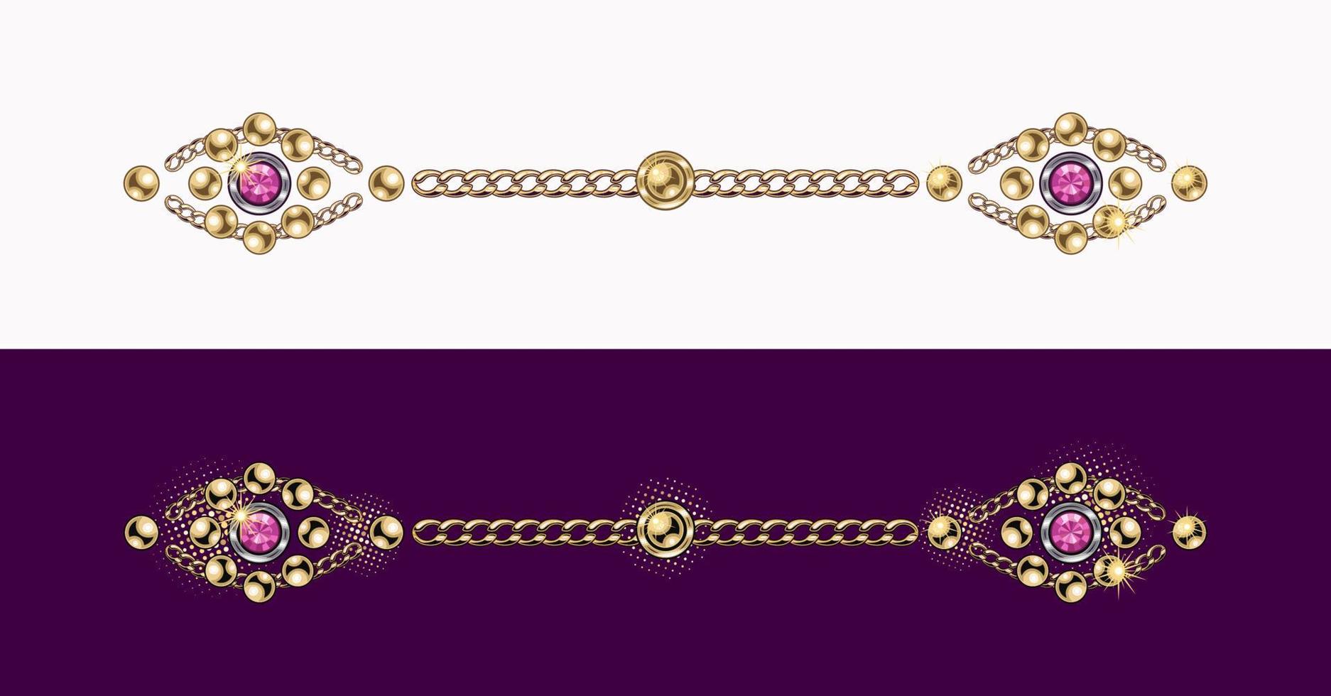 Vintage jewelry border line, divider made of gold ball beads, pink rhinestones, gems, gold chains on white and magenta background. Vector design element