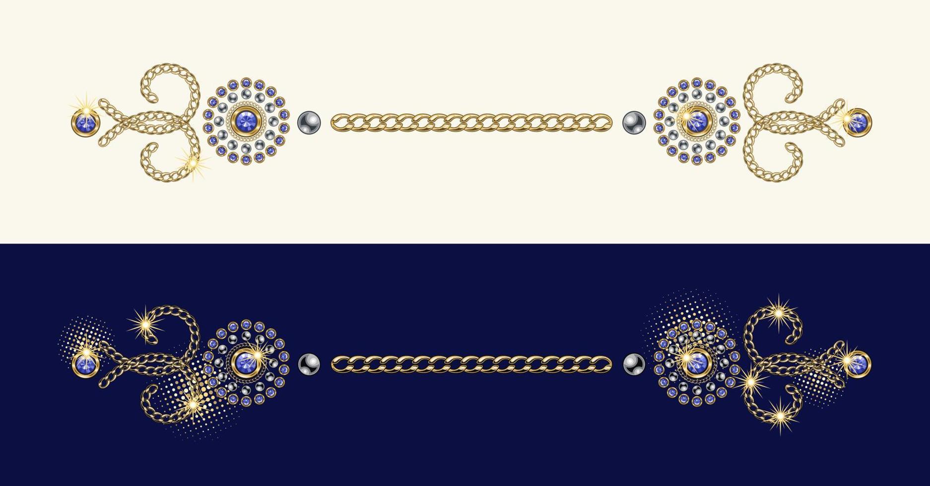 Vintage jewelry border, divider made of gold, silver ball beads, blue rhinestones, gems, gold chains on white and dark blue background. Vector design element