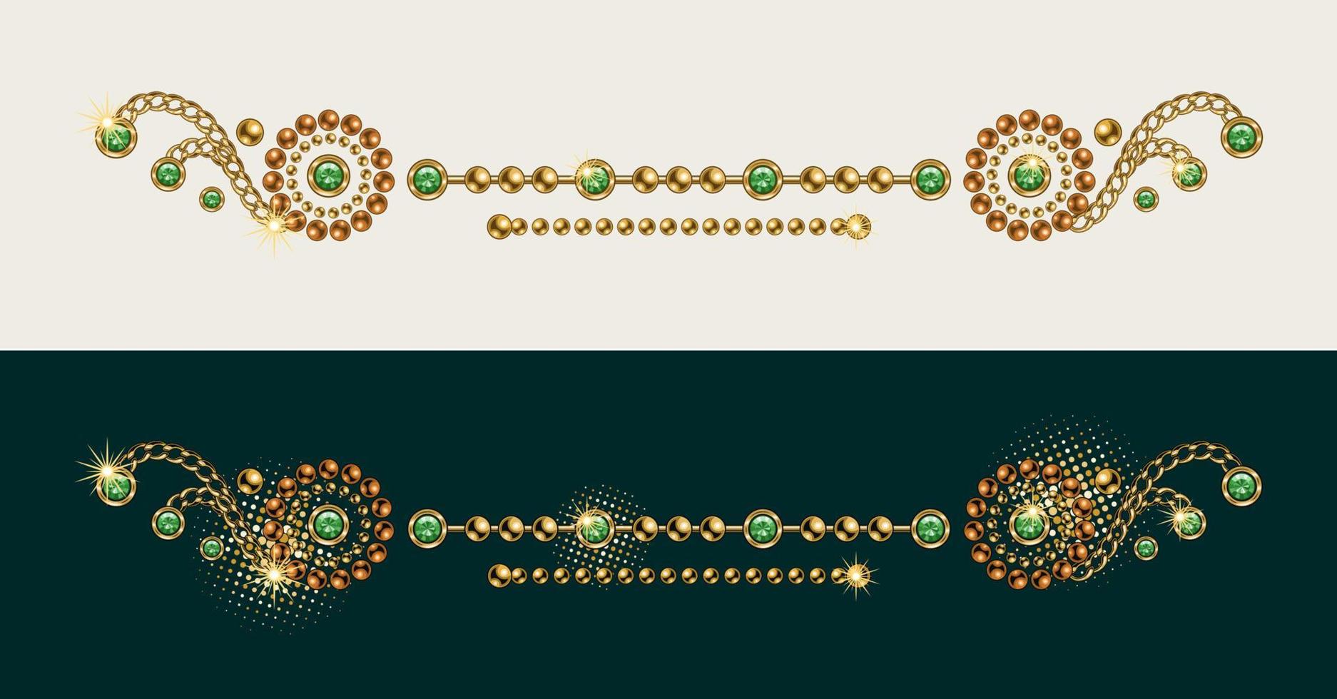 Vintage jewelry border line, divider made of gold, copper ball beads, green rhinestones, gems, gold chains on white and dark green background. Vector design element