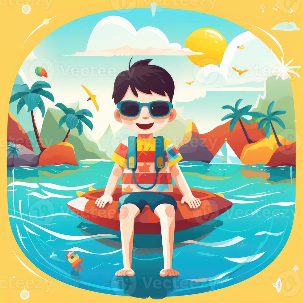 Boy enjoying summer holiday, cartoon illustration with photo