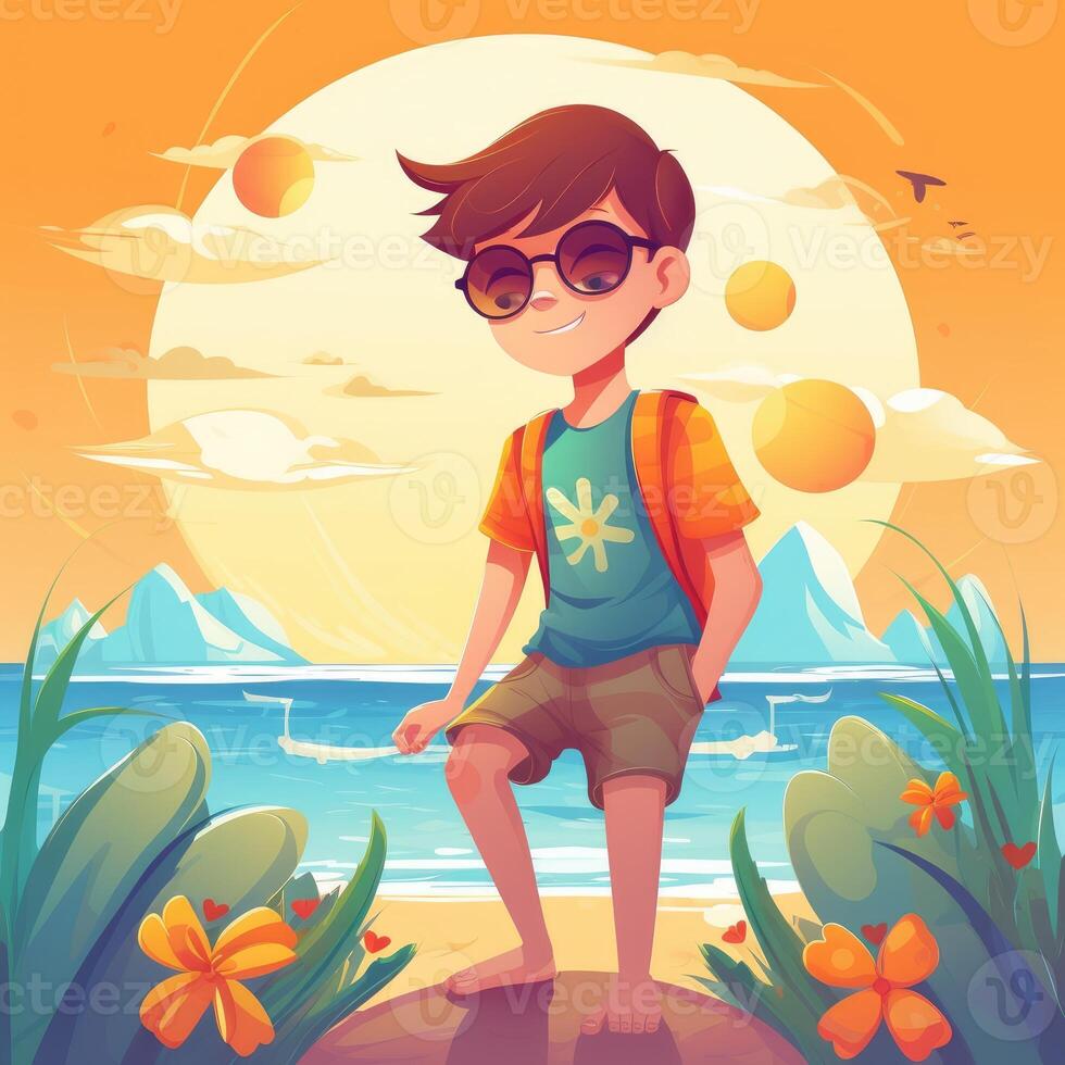 Boy enjoying summer holiday, cartoon illustration with photo