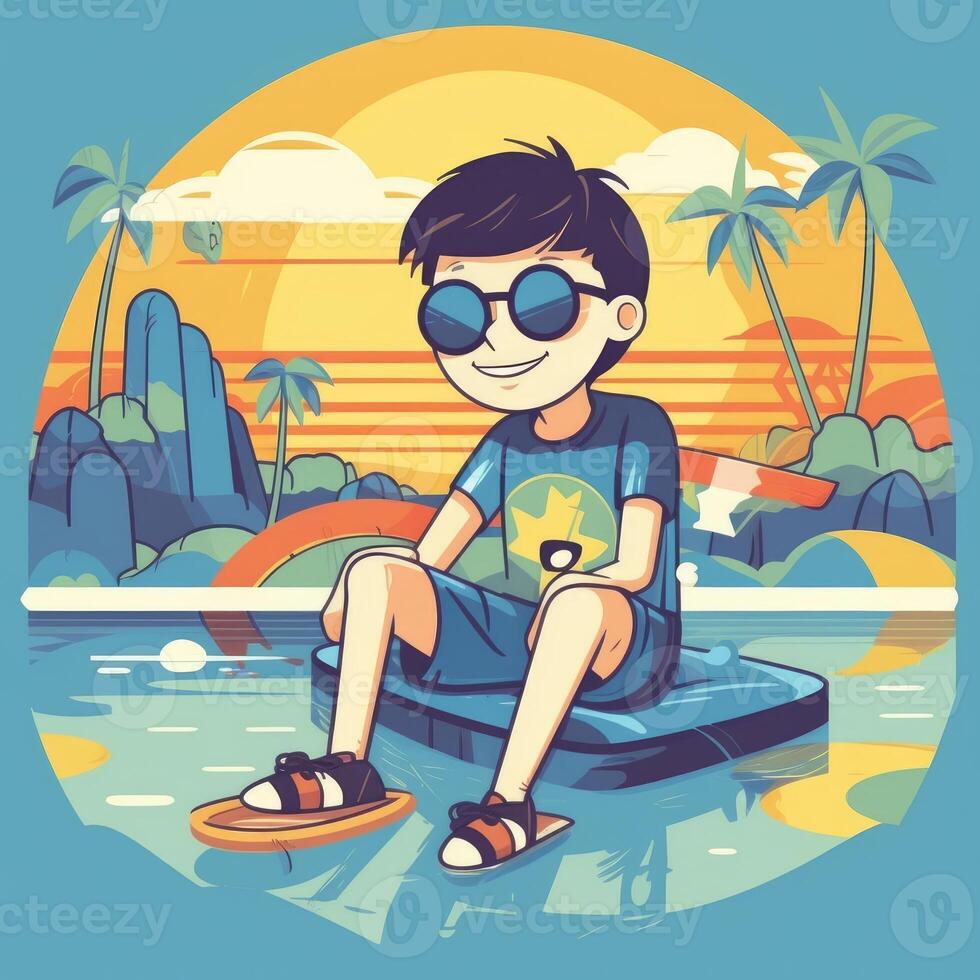 Boy enjoying summer holiday, cartoon illustration with photo