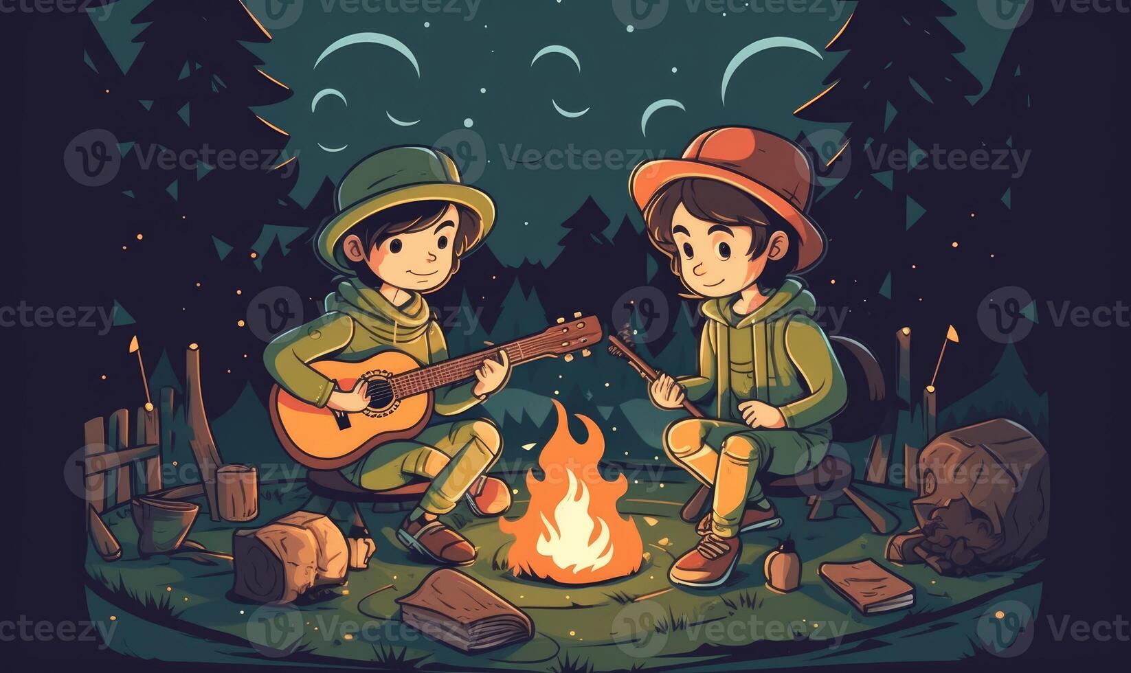 Kids playing guitar on a camp fire, illustration design with photo