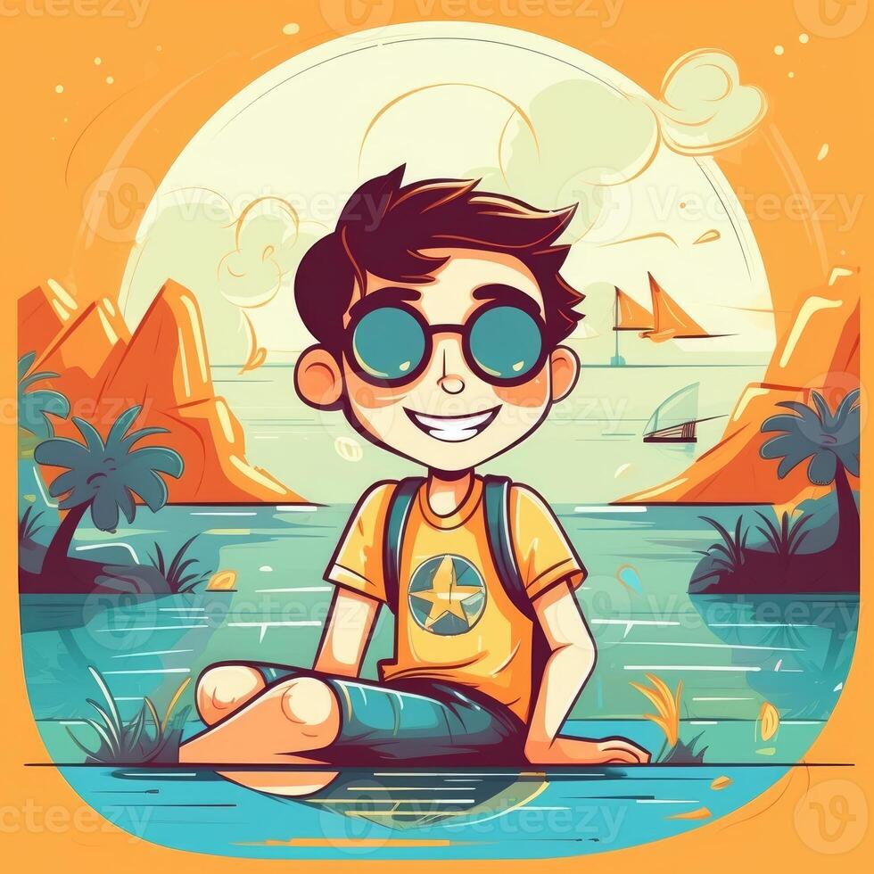 Boy enjoying summer holiday, cartoon illustration with photo