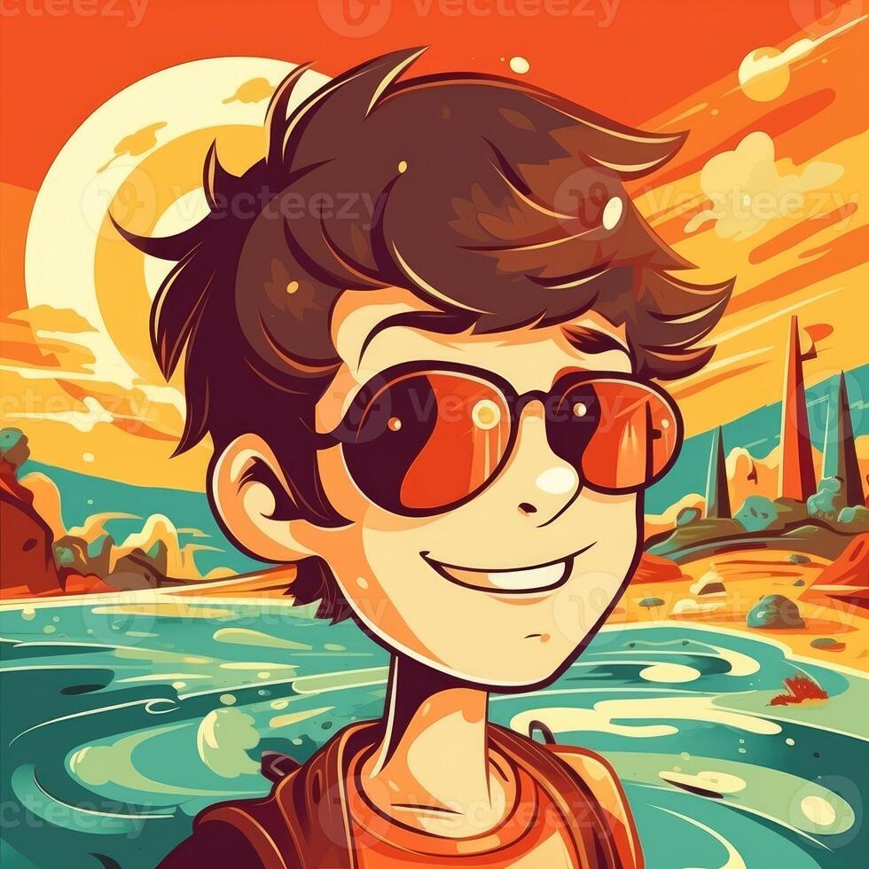 Boy enjoying summer holiday, cartoon illustration with photo