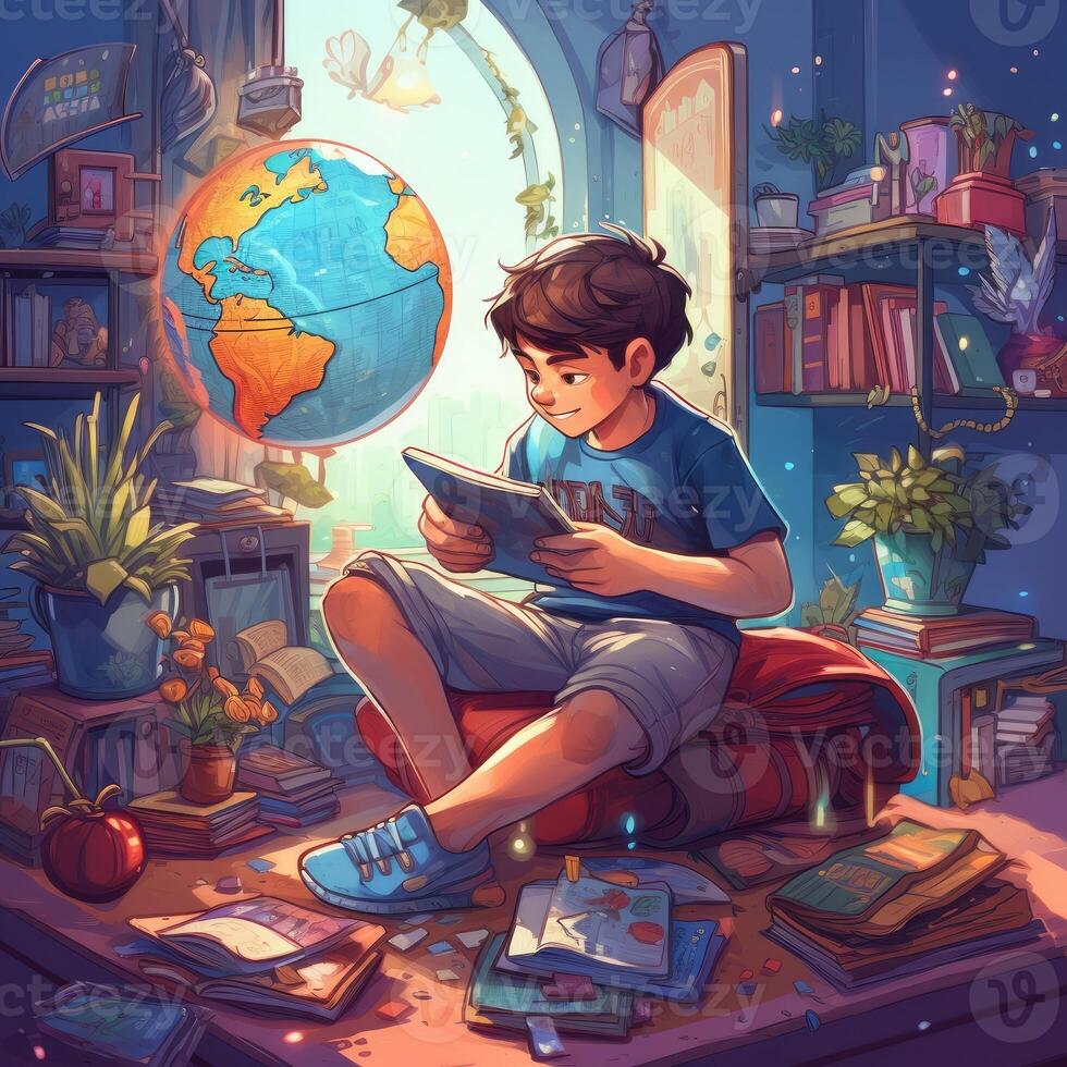 A child sits on earth reading a book among many different items, cartoon with photo