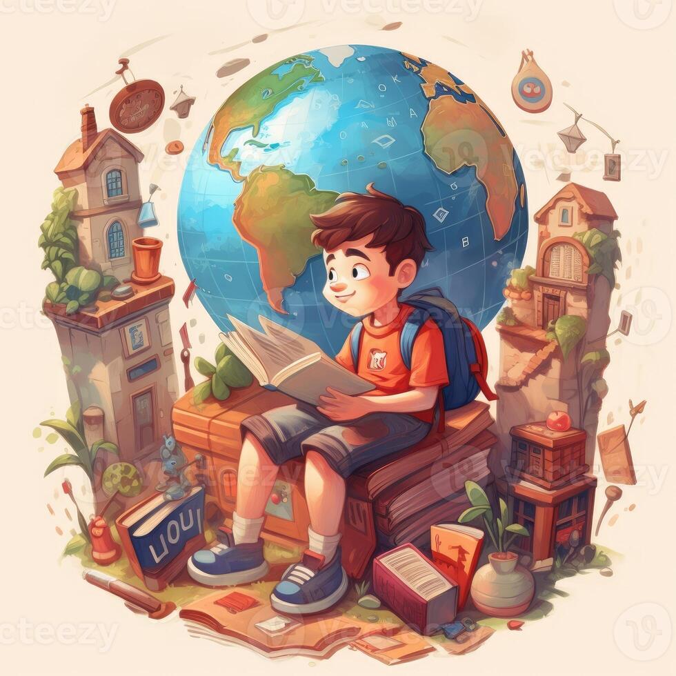 A child sits on earth reading a book among many different items, cartoon with photo