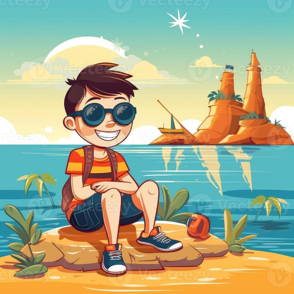 Boy enjoying summer holiday, cartoon illustration with photo