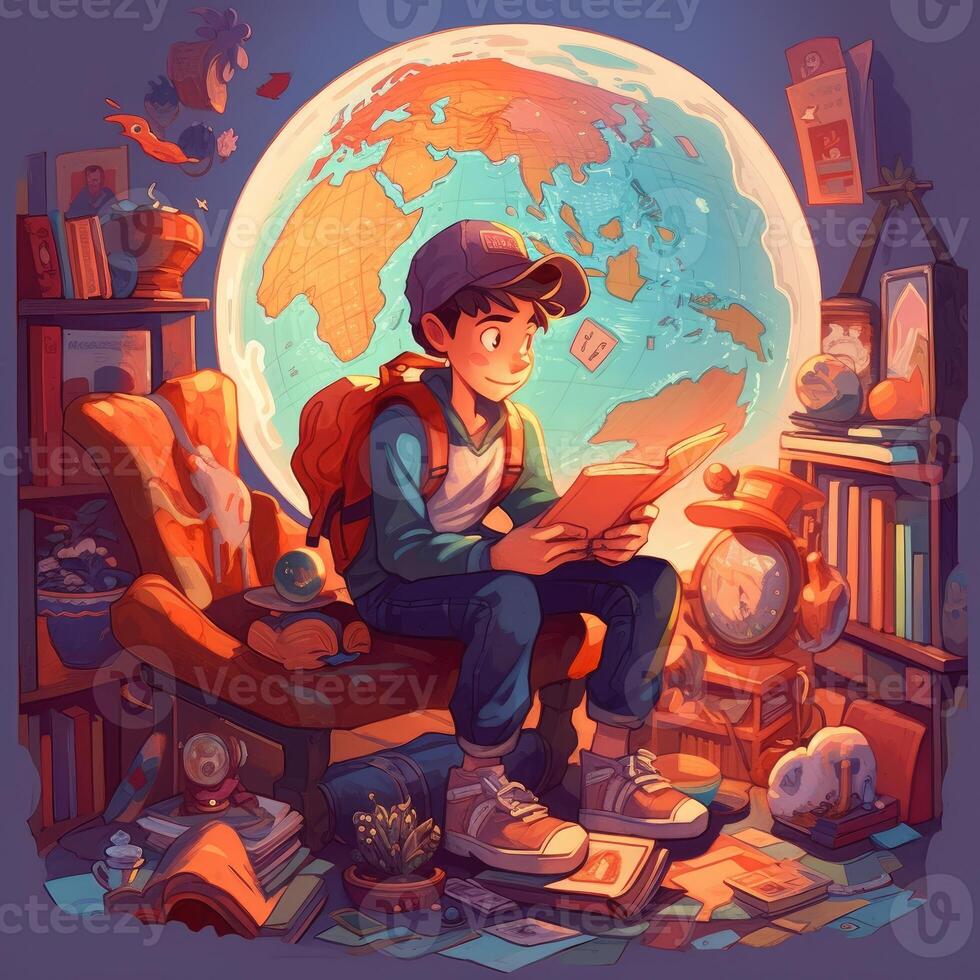 A child sits on earth reading a book among many different items, cartoon with photo