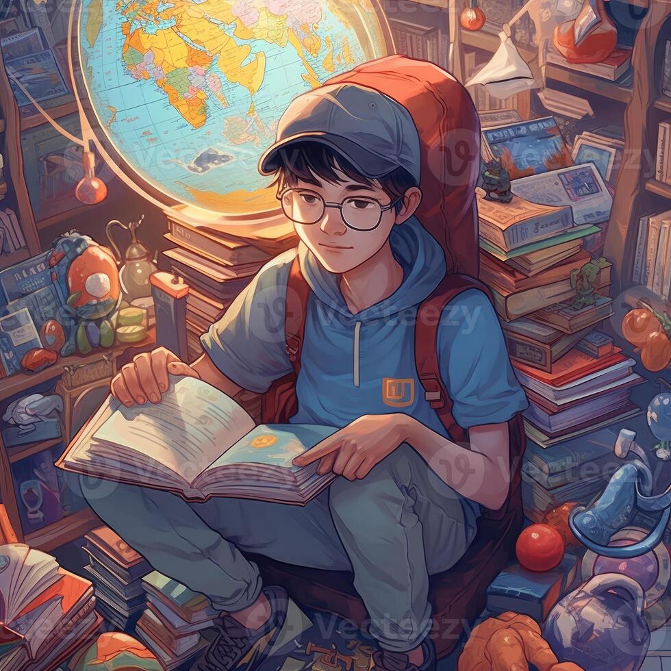 A child sits on earth reading a book among many different items, cartoon with photo