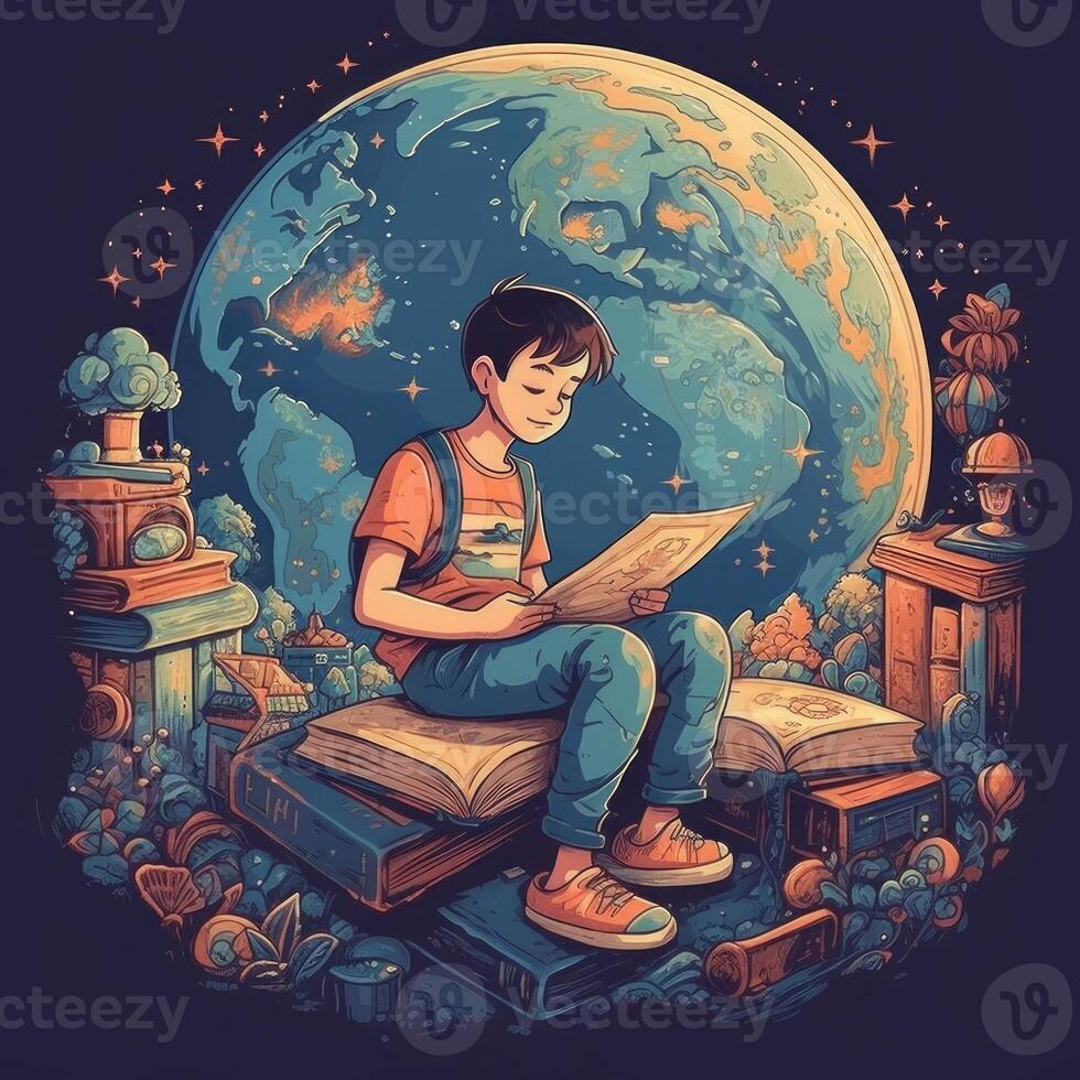 un niño se sienta en tierra leyendo un libro entre muchos diferente elementos, dibujos animados con generativo ai foto