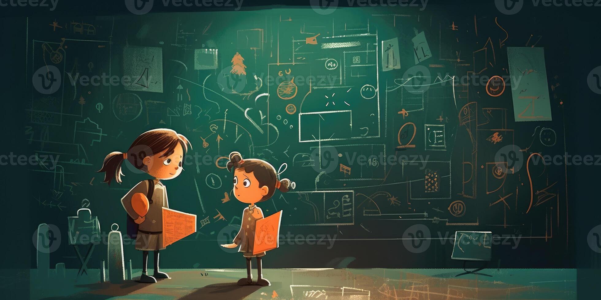 Two children standing with blackboard next to each other, cartoon illustration with photo