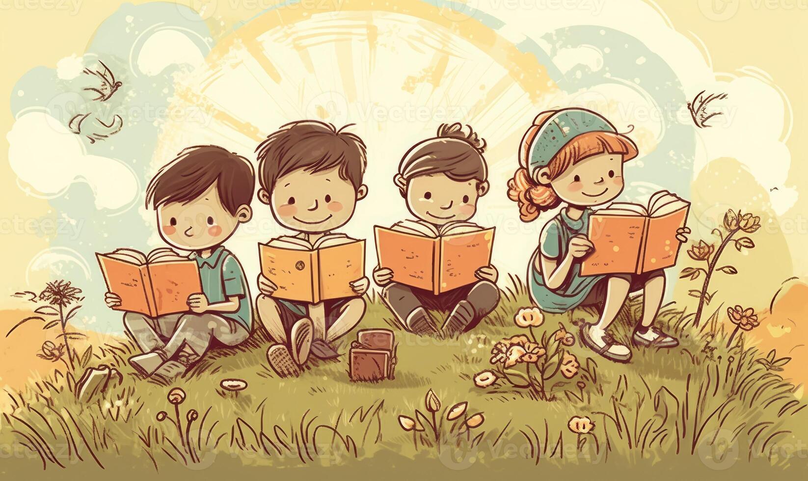 Preschool children reading books. flat illustration in the summertime with bees. photo