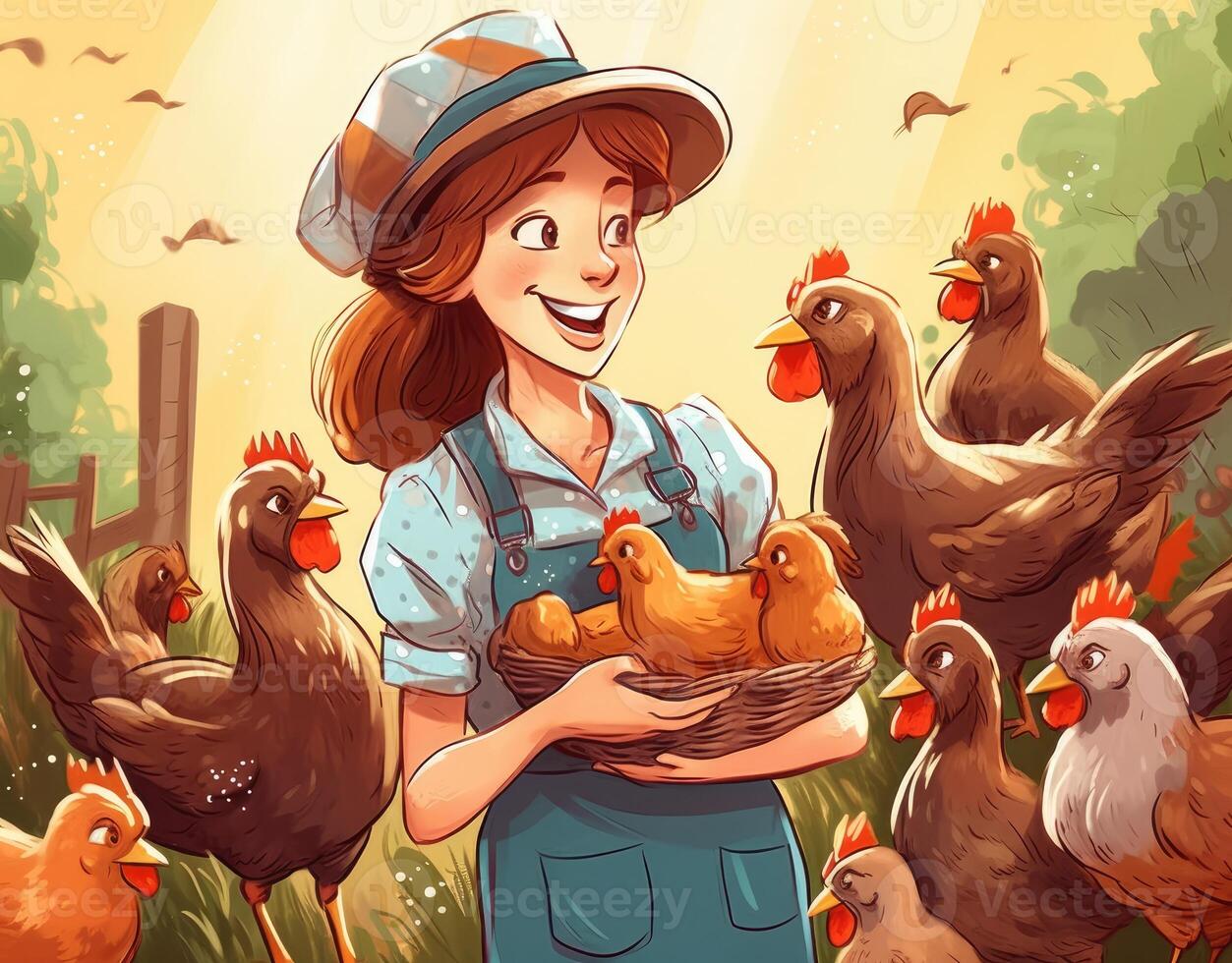 young girl feeding chickens cartoon flat illustration, photo