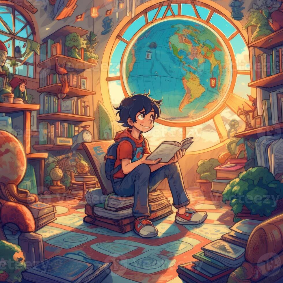 A child sits on earth reading a book among many different items, cartoon with photo