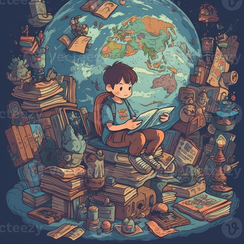 A child sits on earth reading a book among many different items, cartoon with photo