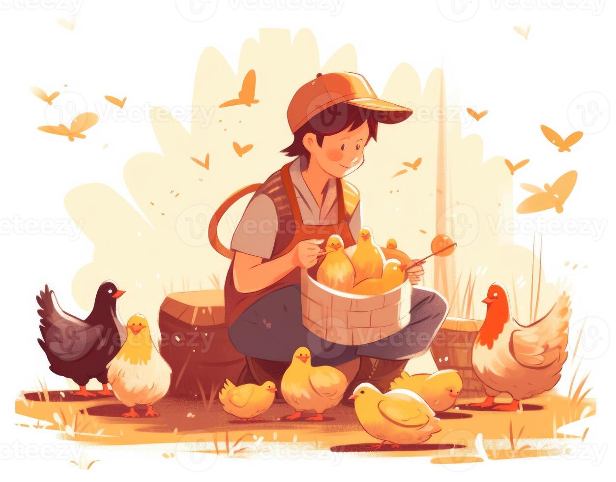 young girl feeding chickens cartoon flat illustration, photo