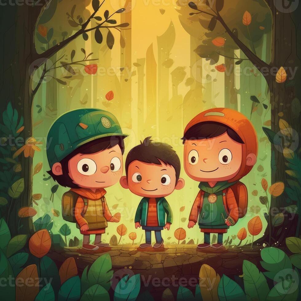 Children walk around in the field with the sun behind them, cartoon illustration. photo