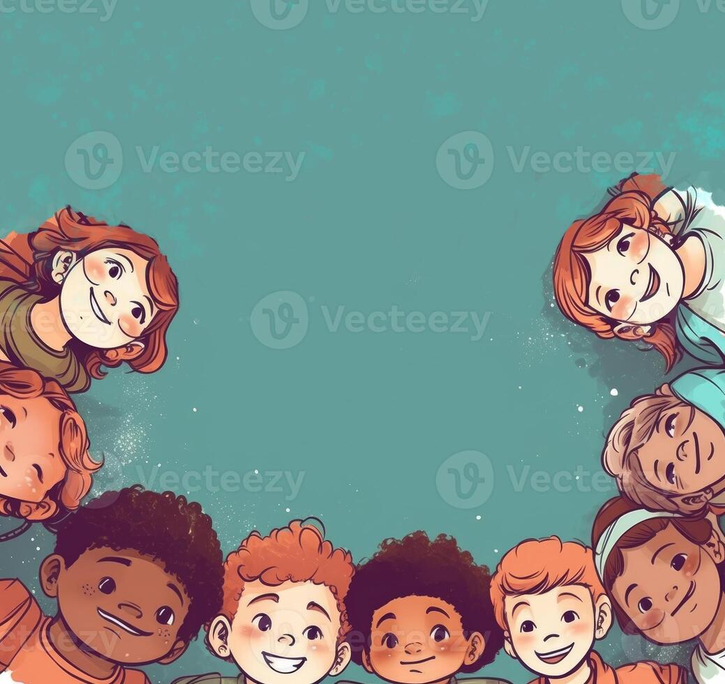 Cartoon illustration with multiple kids and spaces for your text. photo