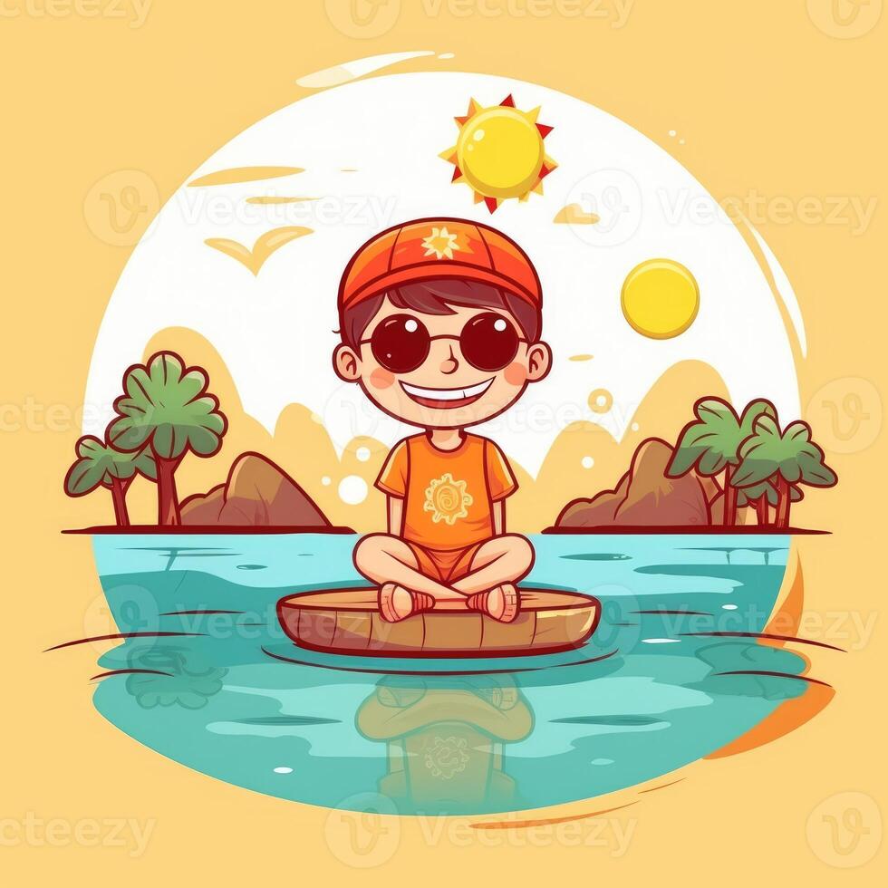 Boy enjoying summer holiday, cartoon illustration with photo