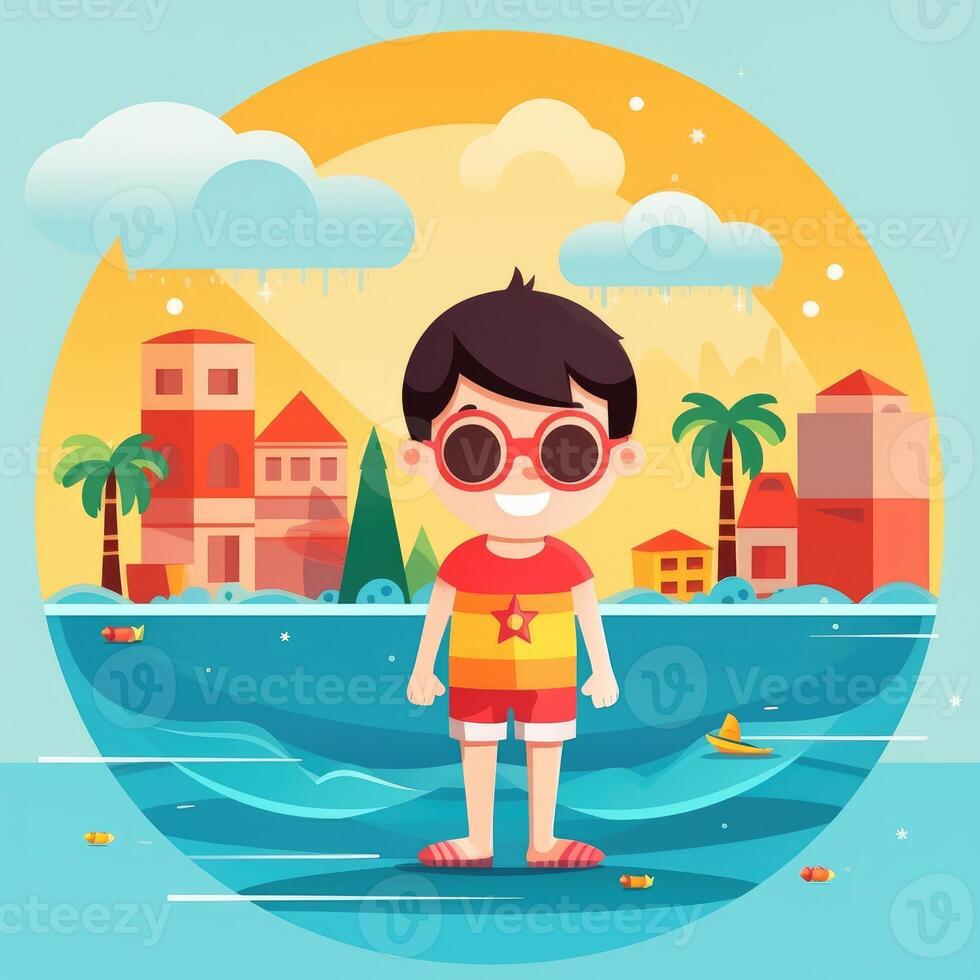 Boy enjoying summer holiday, cartoon illustration with photo