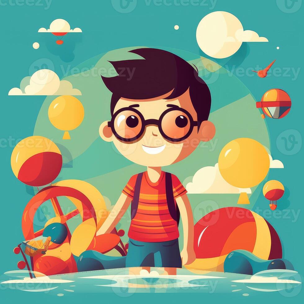 Boy enjoying summer holiday, cartoon illustration with photo