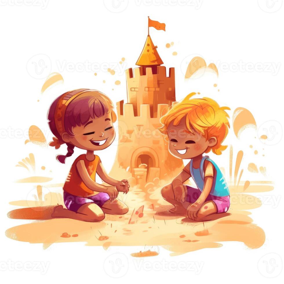 Two children play in the sand castle, cartoon illustration with photo