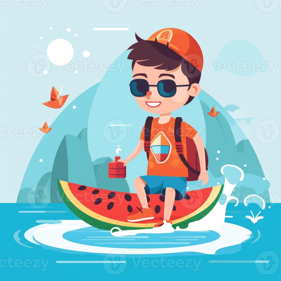 Boy enjoying summer holiday, cartoon illustration with photo