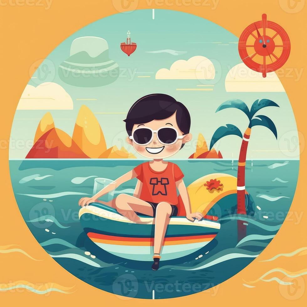 Boy enjoying summer holiday, cartoon illustration with photo