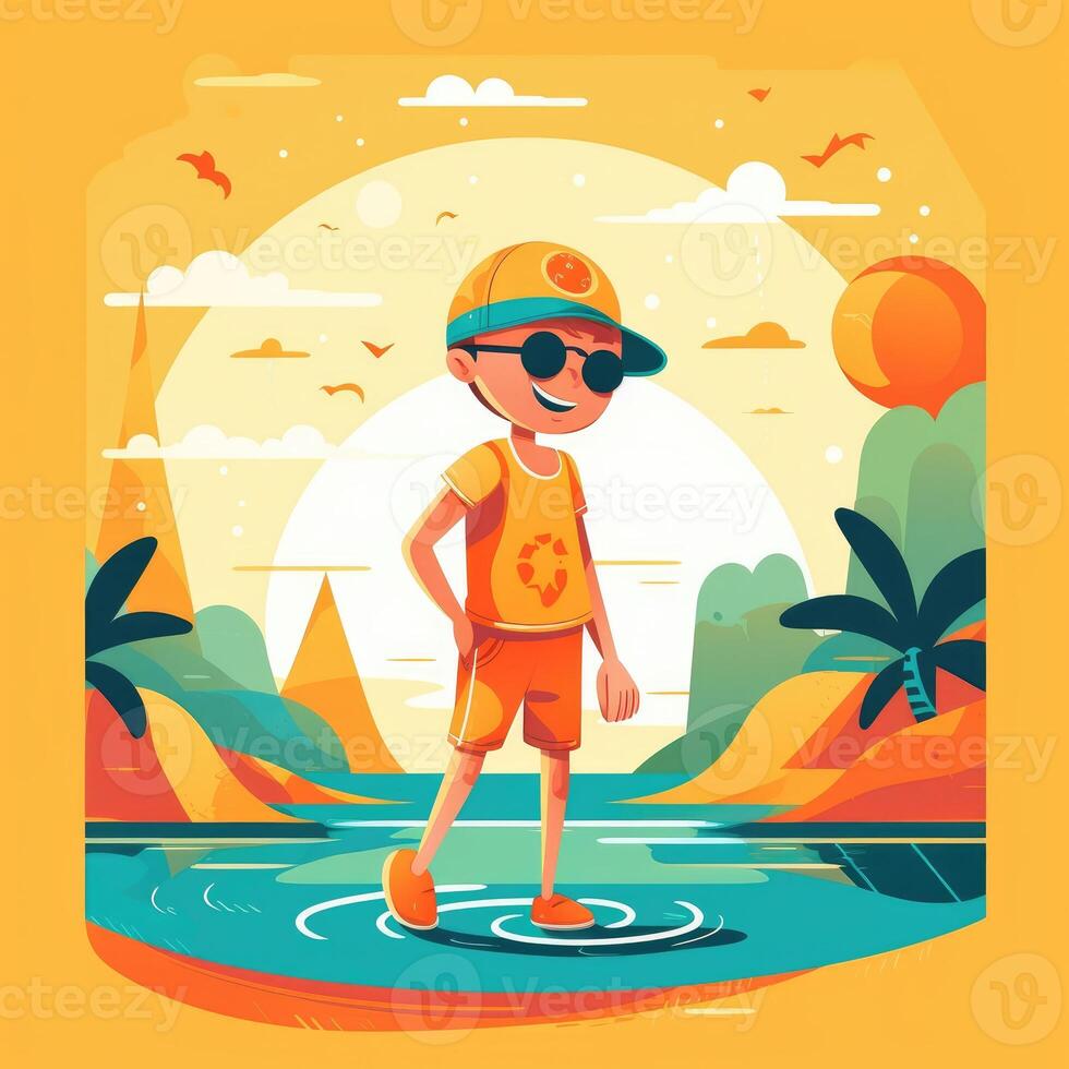 Boy enjoying summer holiday, cartoon illustration with photo