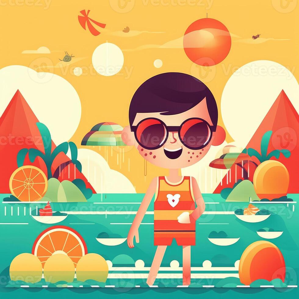 Boy enjoying summer holiday, cartoon illustration with photo
