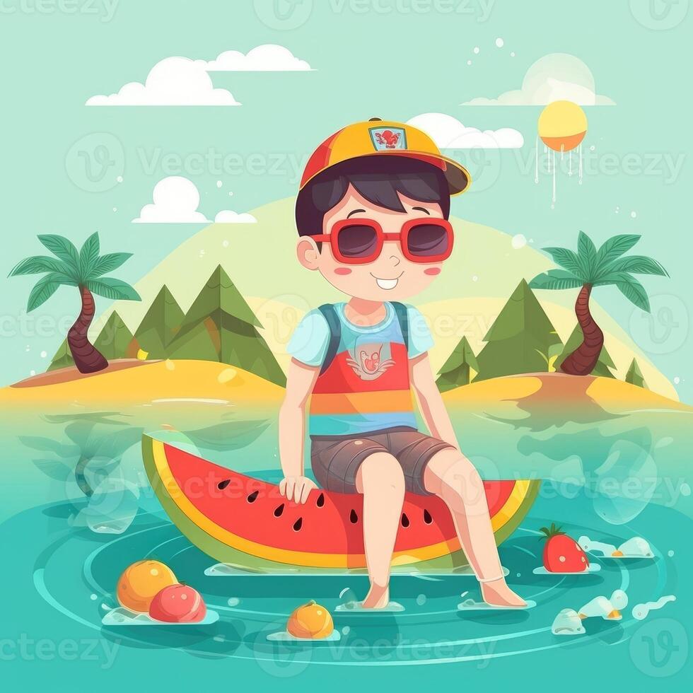 Boy enjoying summer holiday, cartoon illustration with photo