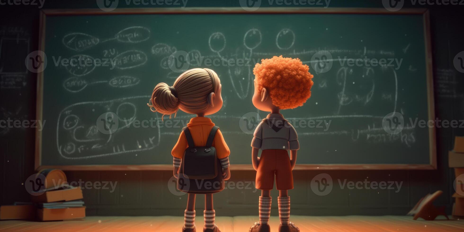 Two children standing with blackboard next to each other, cartoon illustration with photo