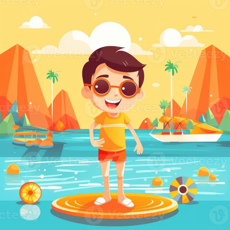 Boy enjoying summer holiday, cartoon illustration with photo