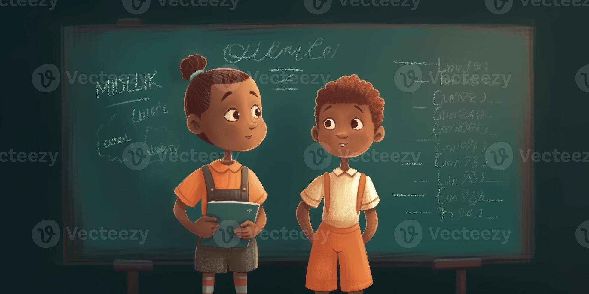 Two children standing with blackboard next to each other, cartoon illustration with photo