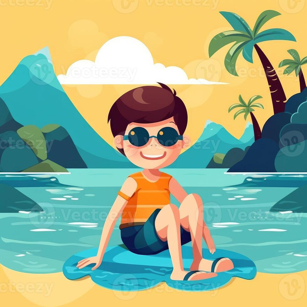Boy enjoying summer holiday, cartoon illustration with photo