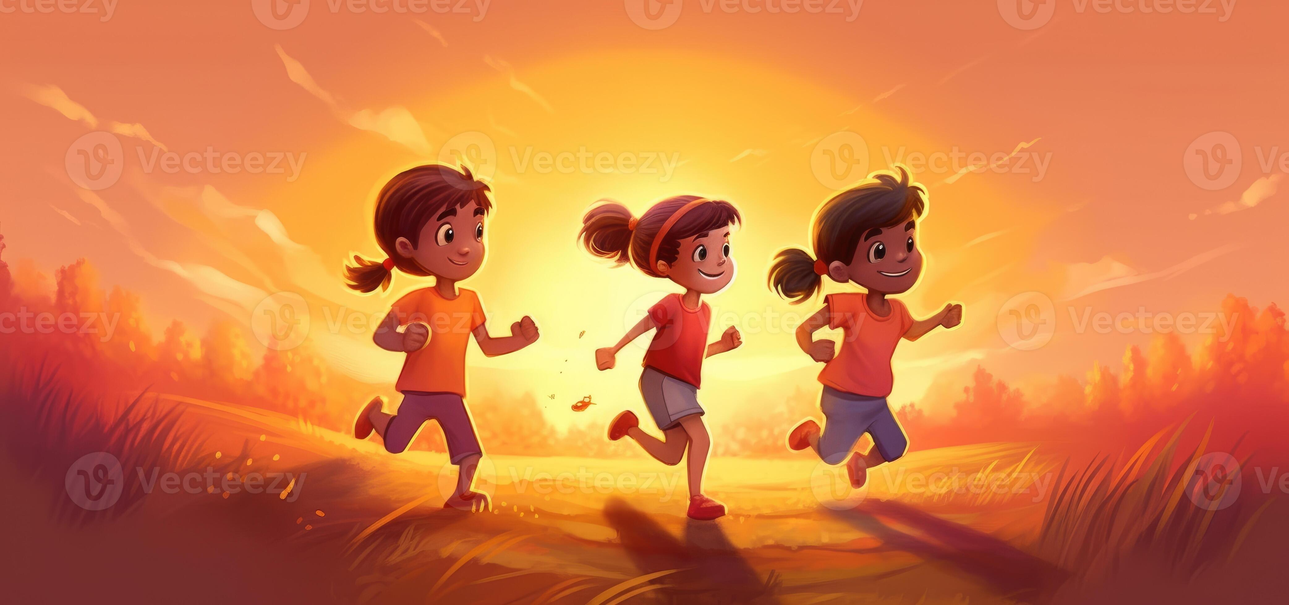 Children run around in the field with the sun behind them, cartoon