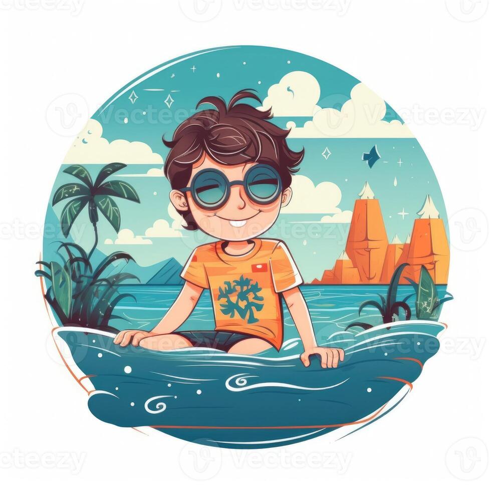 Boy enjoying summer holiday, cartoon illustration with photo